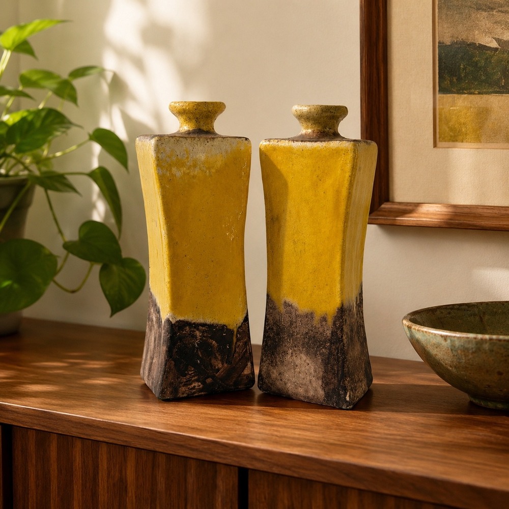 Gli Etruschi Italian Studio Pottery Vases Pair Yellow Lava Glaze Florence MCM